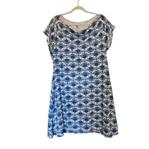 Title Nine Dress XL Blue White Damask Medallion Cowl Neck Athletic Stretch Knit